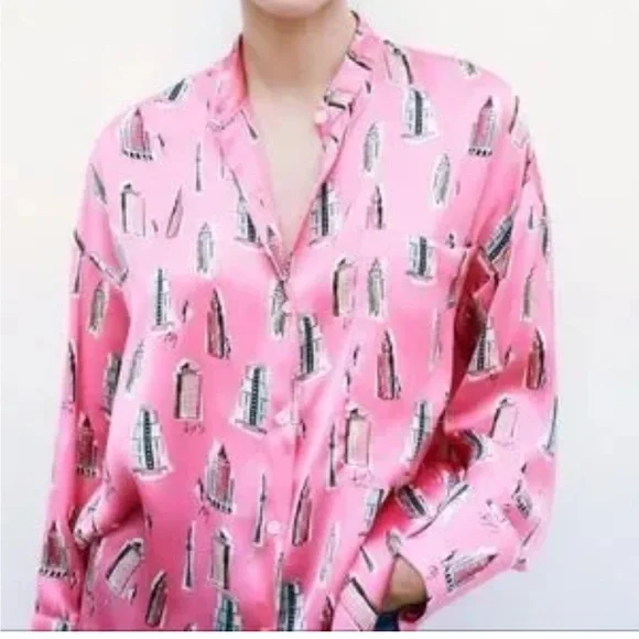 Zara silky pink city button down top size small - Picture 2 of 7